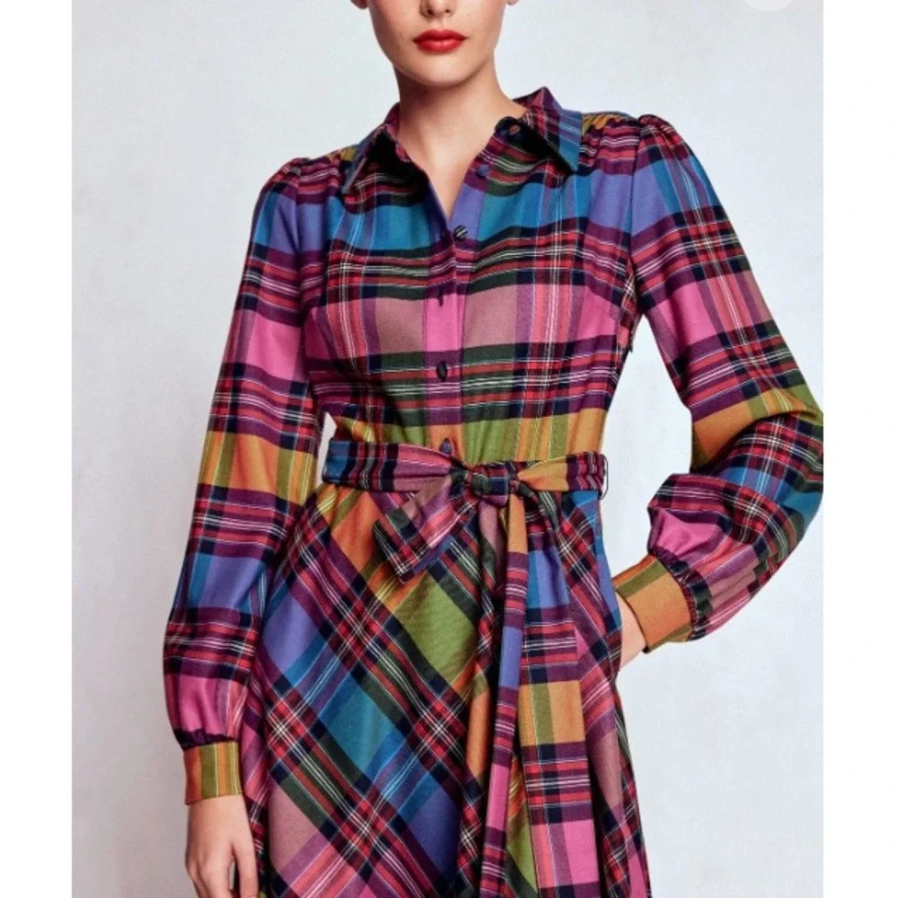 Boden Vivienne Bold Check Button Up Maxi Dress Belted Long Sleeve | Size 8 - Picture 11 of 13